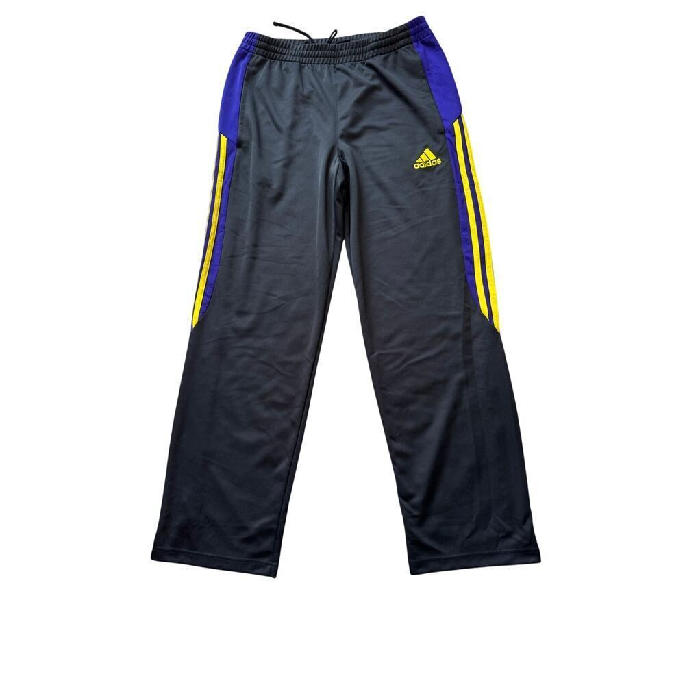 Adidas warm up track pants, Black, Purple & Yellow on sides; zippered bottoms